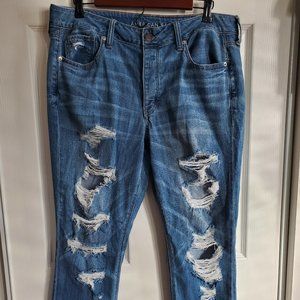 American Eagle Womens Tomgirl Jeans Size 14 Distressed Straight Leg Button Fly